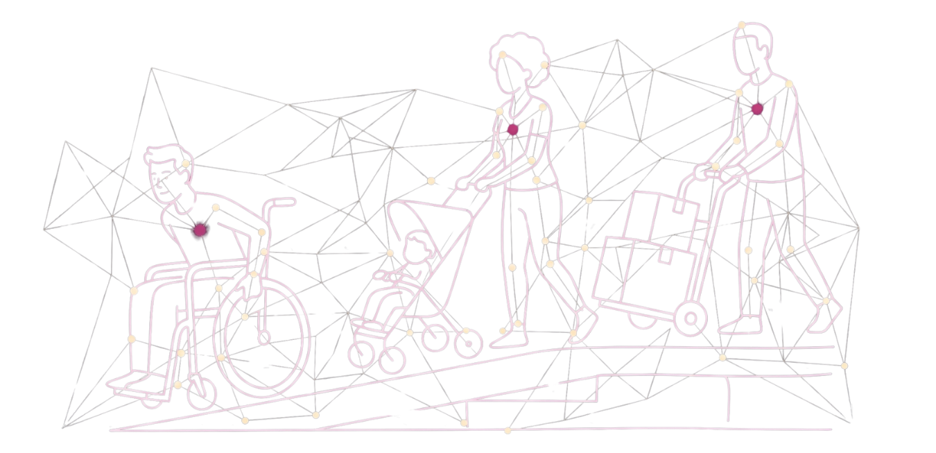 Ilustração de uma rampa de meio-fio sendo usada ao mesmo tempo por uma pessoa em cadeira de rodas, uma mãe com carrinho de bebê e um homem com carrinho de carga