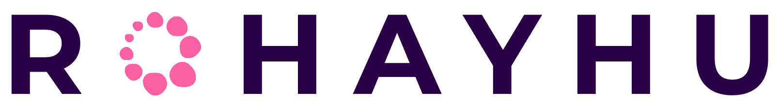 Logo ROHAYHU versão colorida, letras roxo e O rosa, sobre fundo rosa claro